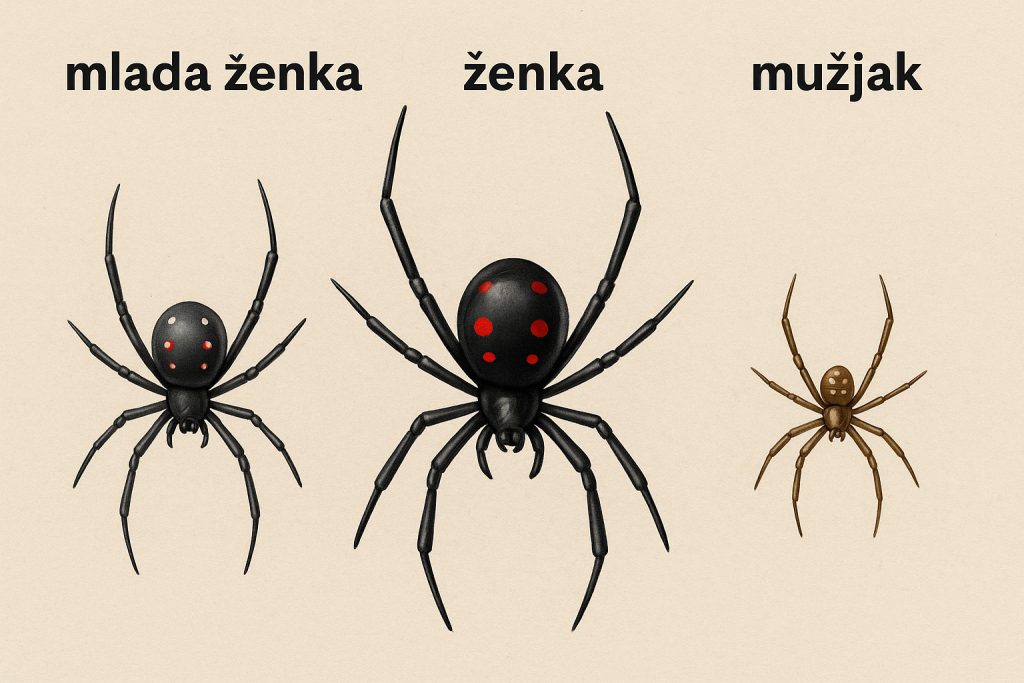 Crna udovica Latrodectus tredecimguttatus, mužjak, ženka