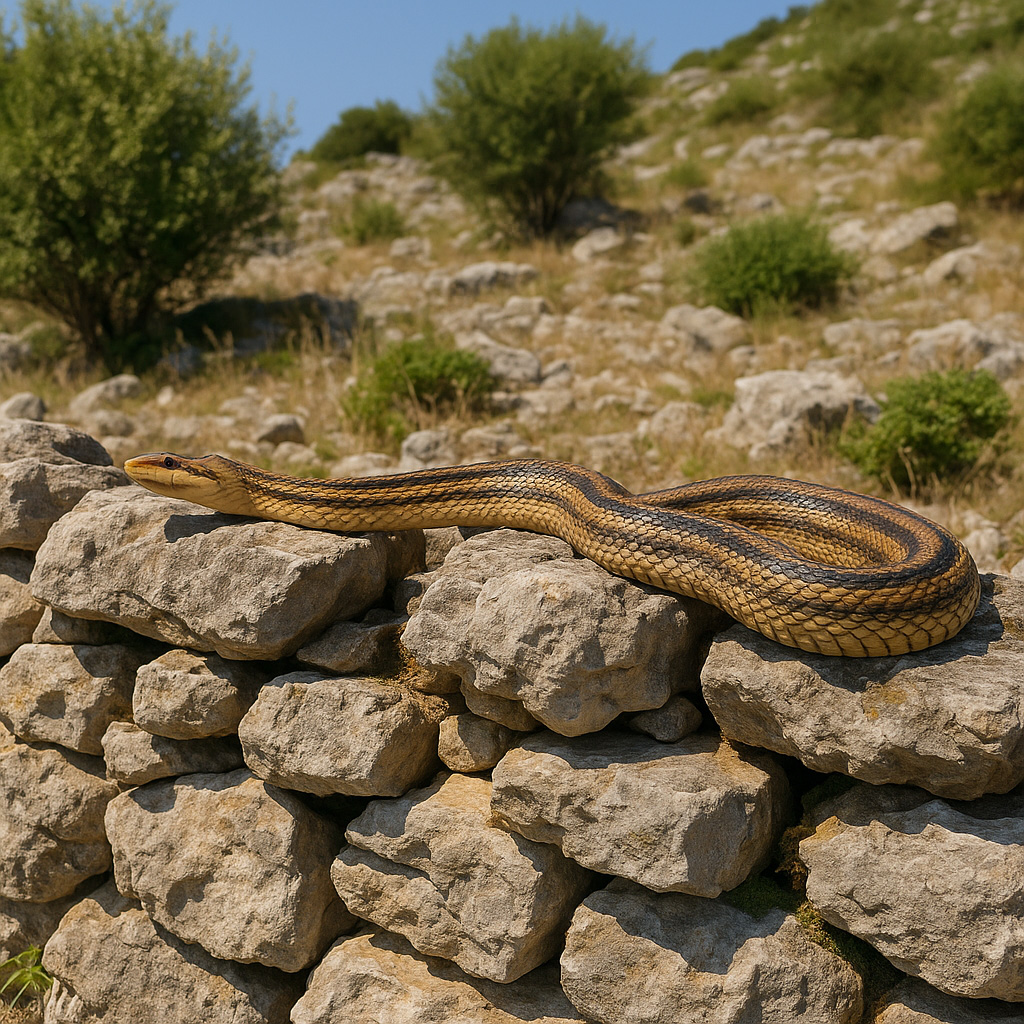 Kravosas, Elaphe quatuorlineata,četveroprugi guž, zmije, zmija, suhozid, sunčanje